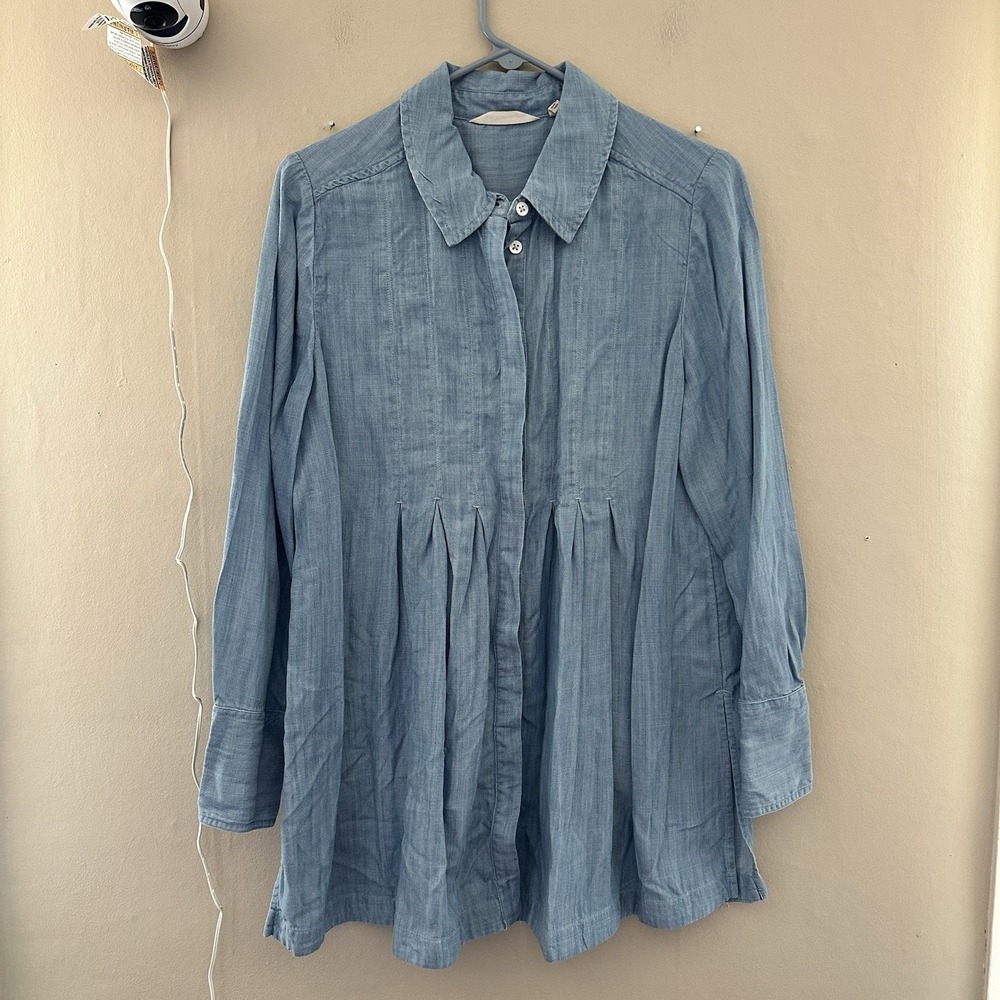 Soft Surroundings Revelle Chambray Tunic Top Size M Blue Pleated Boho Cottage